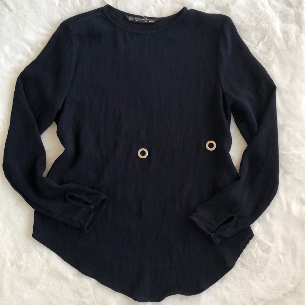 NEW Zara Navy Long Sleeves Top Asymmetrical Sz XS